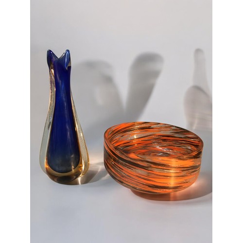 156 - Mid Century Art Glass - Eva Englund Style Centre Bowl Swirl Pattern in Orange and Black with gold Fl... 