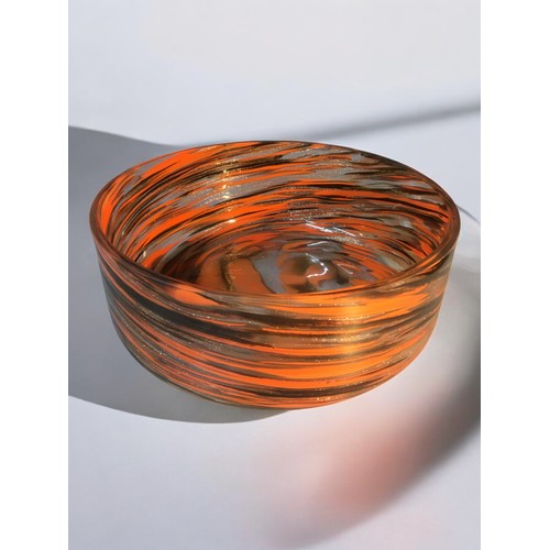 156 - Mid Century Art Glass - Eva Englund Style Centre Bowl Swirl Pattern in Orange and Black with gold Fl... 