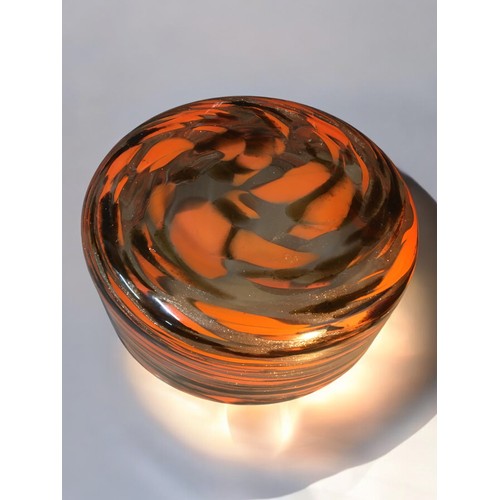 156 - Mid Century Art Glass - Eva Englund Style Centre Bowl Swirl Pattern in Orange and Black with gold Fl... 