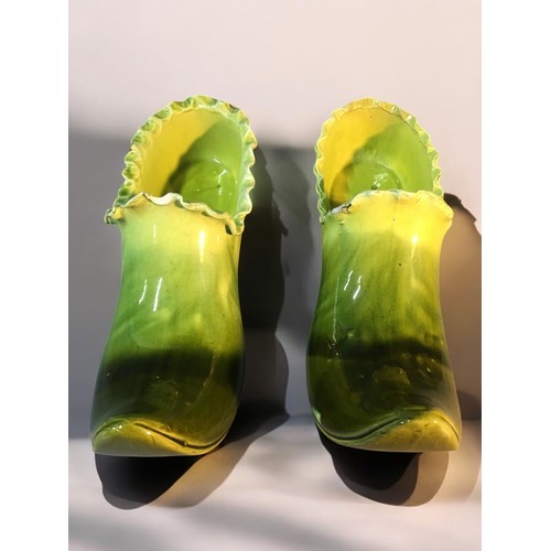 158 - Unusual 19th Century Treacle Glazed Pottery Shoes in the Georgian Style. Lime Green to Dark Green Gl... 