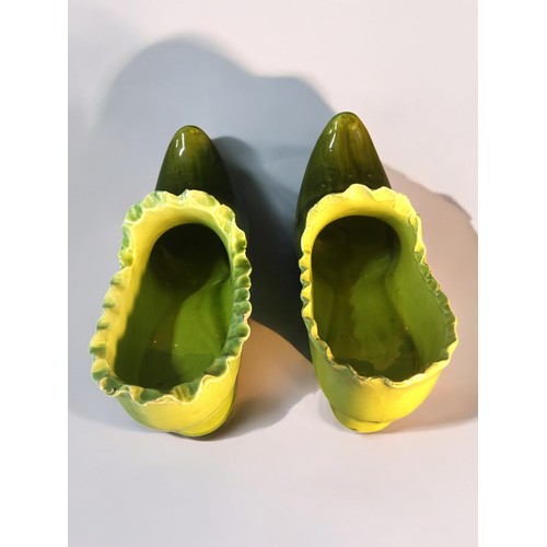 158 - Unusual 19th Century Treacle Glazed Pottery Shoes in the Georgian Style. Lime Green to Dark Green Gl... 