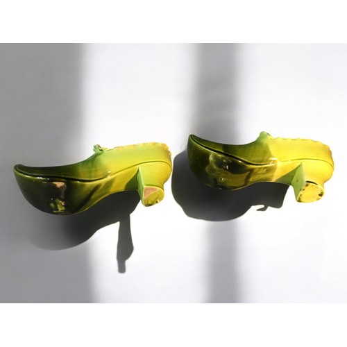 158 - Unusual 19th Century Treacle Glazed Pottery Shoes in the Georgian Style. Lime Green to Dark Green Gl... 