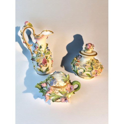 159 - Meissen Early 19th Century Flower Encrusted Miniature Tea Pot and Ewer and a Similar unmarked Lidded... 