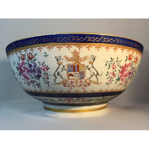 161 - A Large Footed Samson Armorial Centre Bowl. Gilt Flower and Blue Decoration.Dia 28.5cm H 12cm