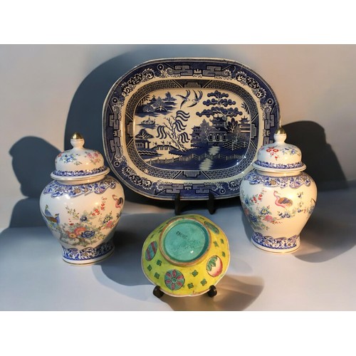 162 - Late 19th Century Willow Pattern Large Serving Platter, Bird Decorated Lidded Vases and a Chinese Ye... 