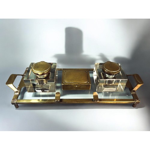 594 - Antique German Arts & crafts brass desk stand.Circa 1900.Brass & glass, rectangular form. Wi... 