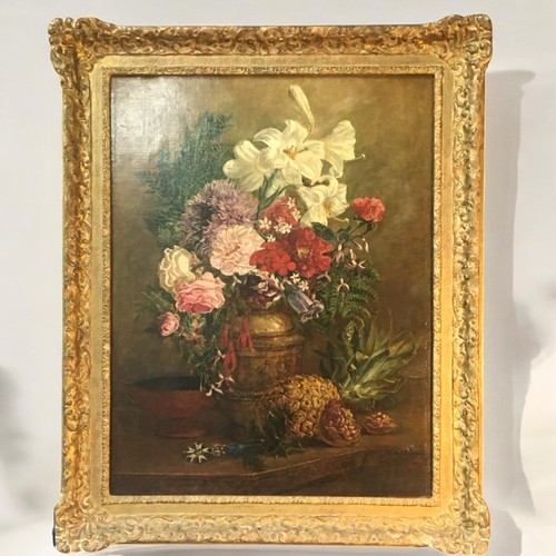 350 - French 19th Century Still life Oil on Canvas. Fruit, Vase, Medal and a spray of Flowers. Indistinct ... 