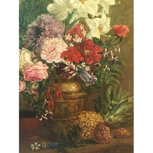 350 - French 19th Century Still life Oil on Canvas. Fruit, Vase, Medal and a spray of Flowers. Indistinct ... 