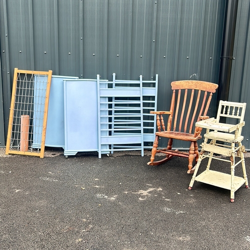 295 - Good Wooden Pine rocking chair with slatted back and curved rockers, together with an early 20thC hi... 