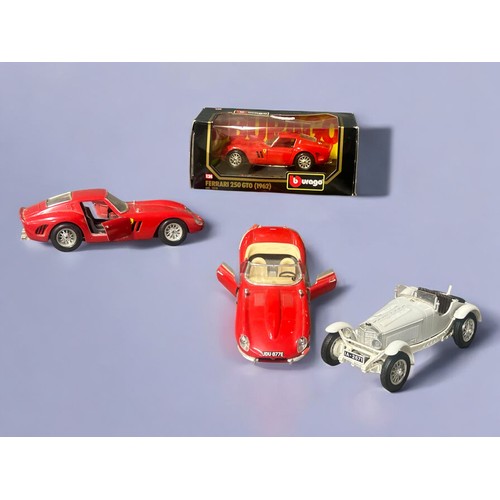 364 - A Burago Ferrari 250 GTO 1;24 New in box, with 3 1:18 Burago models including Ferrari GTO , Jaguar E... 