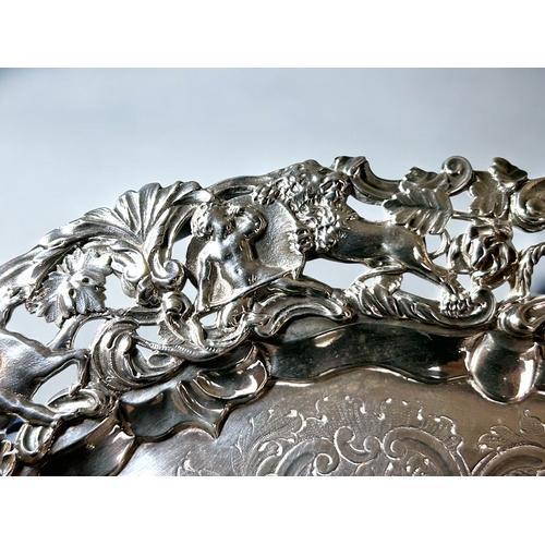 586 - George IV sterling silver tray.London, 1827 hallmarks.By William Eley II.Elaborately decorated with ... 