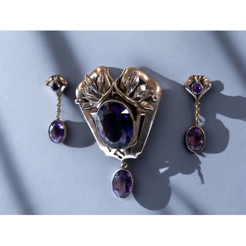 548 - Art Nouveau white metal & Amethyst paster brooch & earring set.Circa 1900.Brooch measure 7.5... 