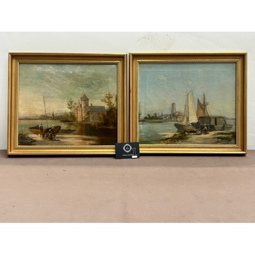 313 - A pair of 19th century oil on canvas Coastal Scenes of Pays-Bas with repairs along with new gilt fra... 