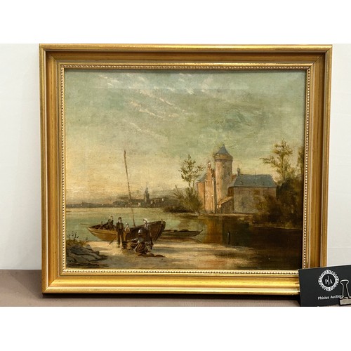 313 - A pair of 19th century oil on canvas Coastal Scenes of Pays-Bas with repairs along with new gilt fra... 