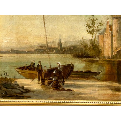 313 - A pair of 19th century oil on canvas Coastal Scenes of Pays-Bas with repairs along with new gilt fra... 