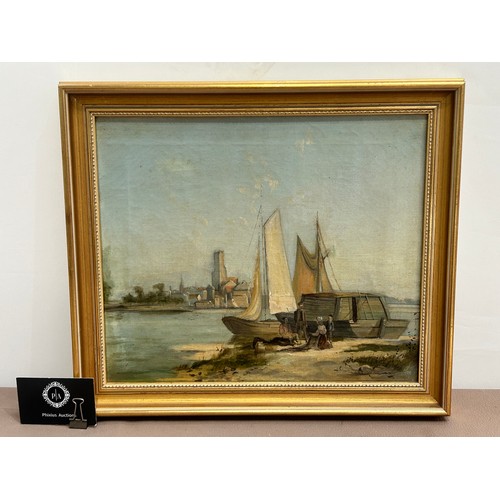 313 - A pair of 19th century oil on canvas Coastal Scenes of Pays-Bas with repairs along with new gilt fra... 