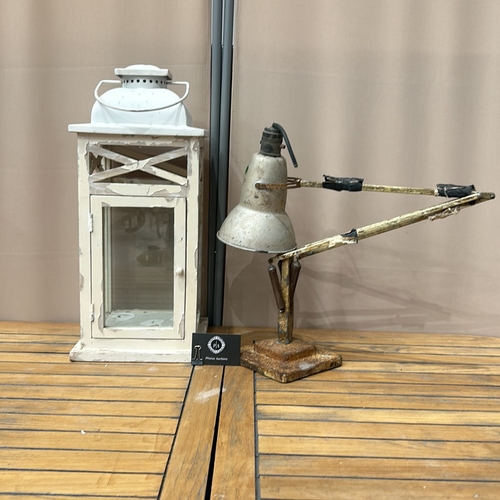 44 - Wooden lantern with distressed paint finish and glass panels, accompanied by an Rare Anglepoise indu... 