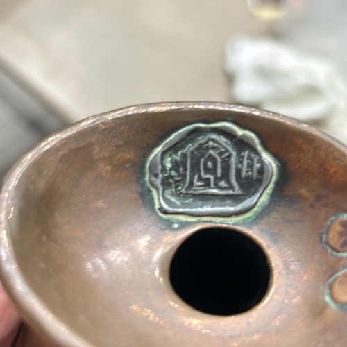 53 - Set of four graduated copper measuring jugs with handles, marked for pint, gill, half gill, and quar... 