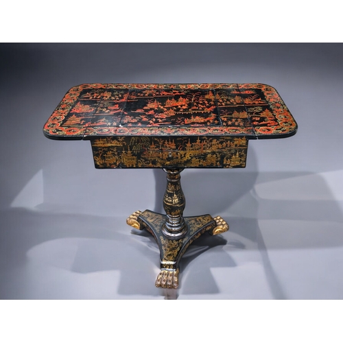 342 - A Regency period Chinese export lacquered games table.Circa 1830.Elaborately painted with typical Ch... 