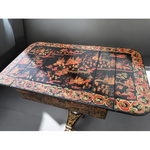 342 - A Regency period Chinese export lacquered games table.Circa 1830.Elaborately painted with typical Ch... 