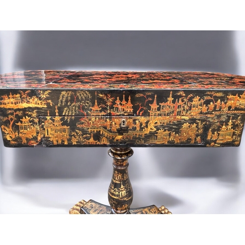 342 - A Regency period Chinese export lacquered games table.Circa 1830.Elaborately painted with typical Ch... 