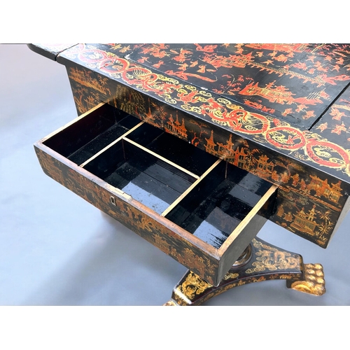 342 - A Regency period Chinese export lacquered games table.Circa 1830.Elaborately painted with typical Ch... 