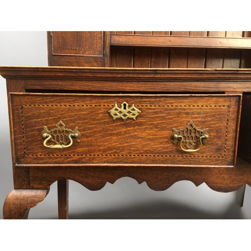 339 - Georgian Oak 2 Part Dresser, having Cross Banded Decoration, Inlaid Cartouche to Doors and Brass Fit... 