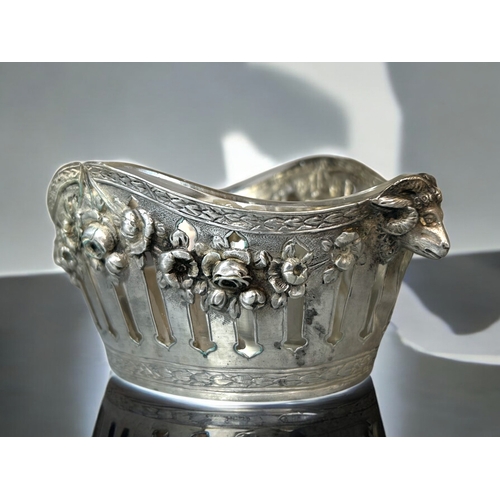 590 - A continental silver 'Rams head' bowl.Neo classical style. With glass liner.800 & makers Marks t... 