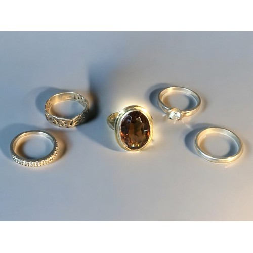 393 - Silver Gilt Hallmarked Smokey Quartz Style Stoned Ring, Hallmarked Silver Band and 3 other Silver 92... 