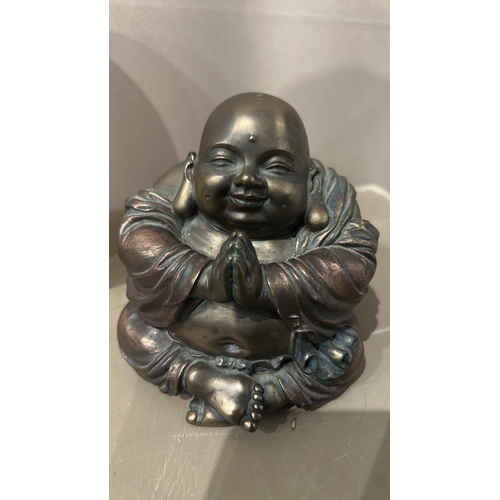 140 - Decorative bronze collection includes a Buddha figurine, engraved plate, small bowl, and six intrica... 