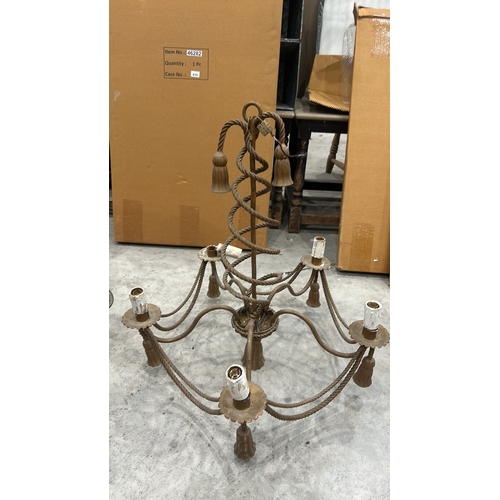 192 - Vintage wrought iron chandelier featuring twisted rope design, five candle holders, and ornate detai... 