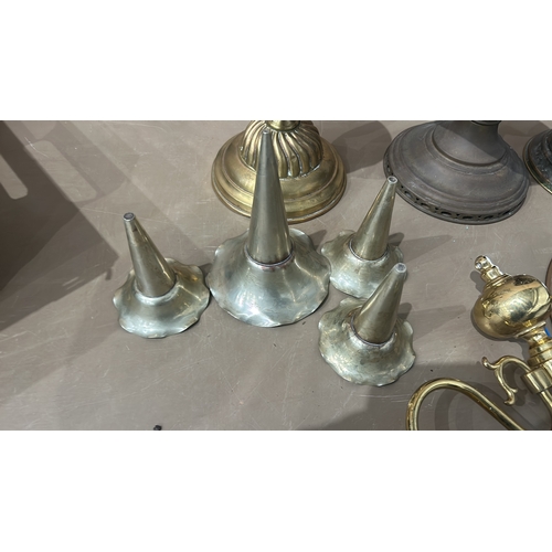 193 - Collection of vintage brass lamp components, including four burners and various fittings.