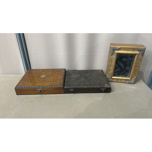 198 - Antique walnut presentation box with beaded trim and a brass shield plaque. It features a secure cla... 