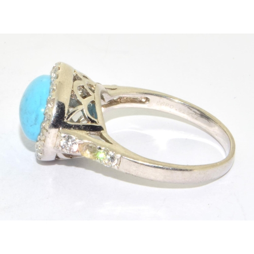 29 - 925 silver ladies Turquoise oval halo design open work setting ring size U