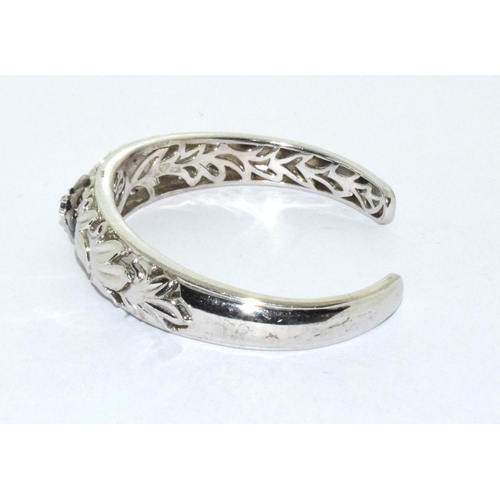 69 - 925 silver fancy design cuff bangle with open work leaf setting and accent marcasite stones 40g