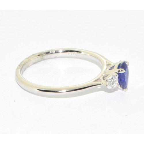 106 - Fine quality Platinum set pear shape Sapphire and Diamond three stone ring approx 80 points size K