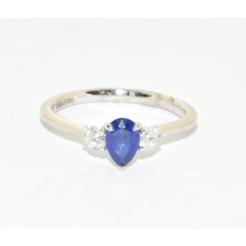 106 - Fine quality Platinum set pear shape Sapphire and Diamond three stone ring approx 80 points size K