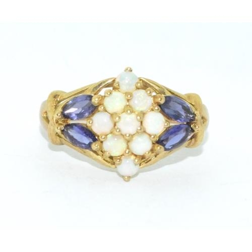 121 - 9ct gold ladies vintage Opal and Amethyst cluster statement ring 4.3g size T