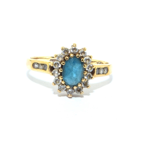 161 - 9ct gold ladies Aquamarine  halo cluster ring size Q