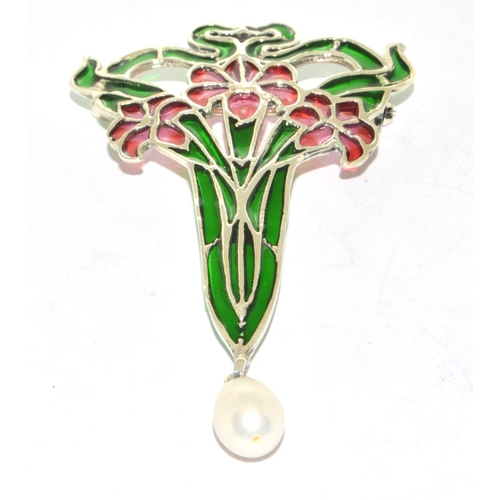 304 - Silver plique a jour brooch/pendant with a pearl drop in an art nouveau style