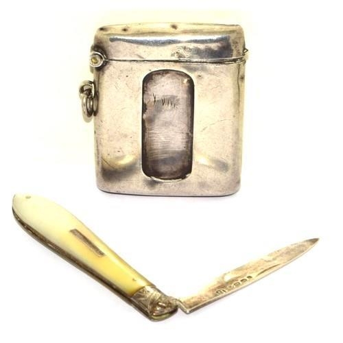 312 - Good silver Vesta case together a Mother of Pearl handle silver blade pen knife