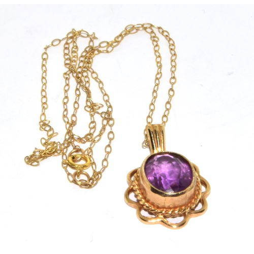 333 - 9ct gold ladies Vintage Amethyst cabochon  pendant necklace in an enclosed setting with open work su... 