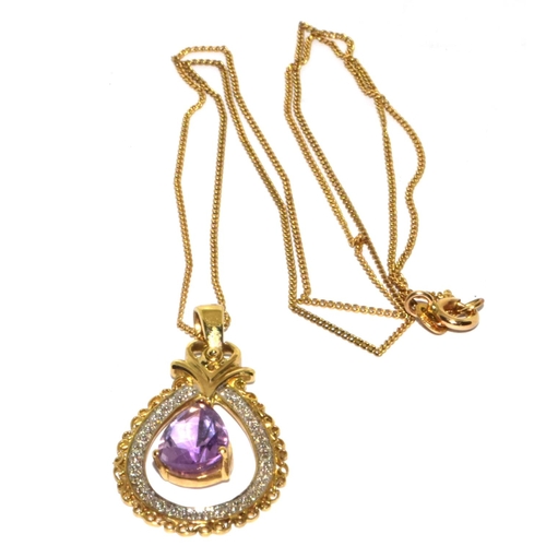 363 - 9ct gold ladies Amethyst and Diamond drop pendant pear shape  necklace on a 52cm gold chain