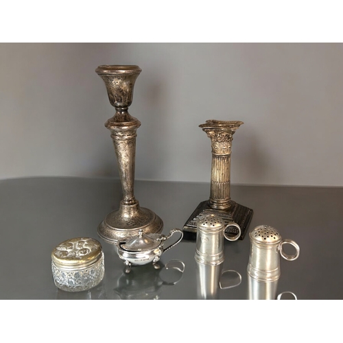 623 - A collection of antique Silver wares.Including candlesticks, salt & pepper pots, Reynolds angels... 