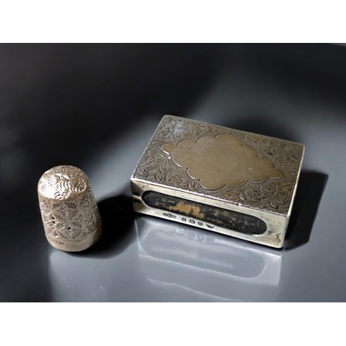 626 - A collection of antique silver vertu.To include a silver mounted leather wallet, engraved silver mat... 