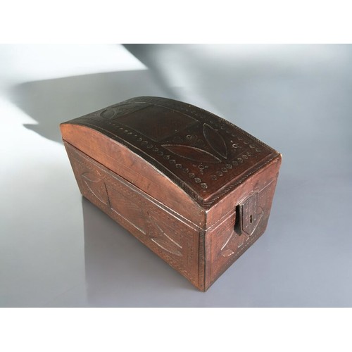 633 - 20th Century Dome topped Embossed Leather Casket of Middle Eastern Descent. H 19cm x W 35cm X D 17cm