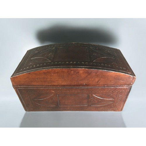 633 - 20th Century Dome topped Embossed Leather Casket of Middle Eastern Descent. H 19cm x W 35cm X D 17cm