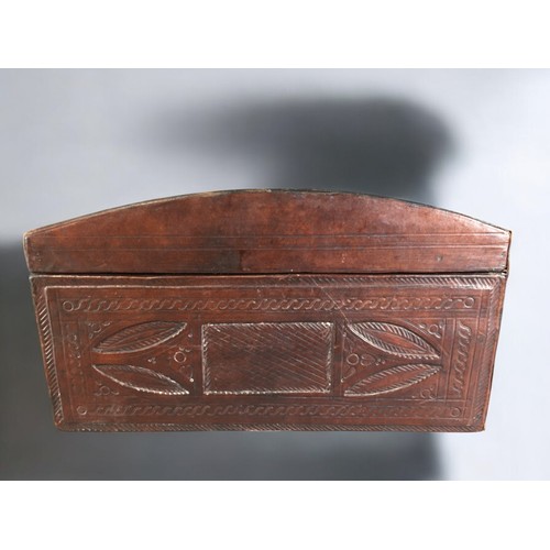 633 - 20th Century Dome topped Embossed Leather Casket of Middle Eastern Descent. H 19cm x W 35cm X D 17cm