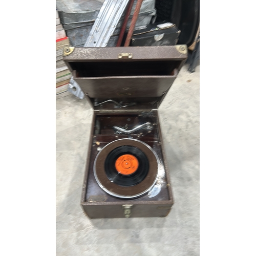 47 - Vintage portable gramophone, brown leatherette case, 1950s, brass corner protectors, 15 x 8 x 11 inc... 