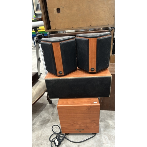 144 - Wharfedale speaker set, wood veneer, includes subwoofer and two satellite speakers, each with black ... 